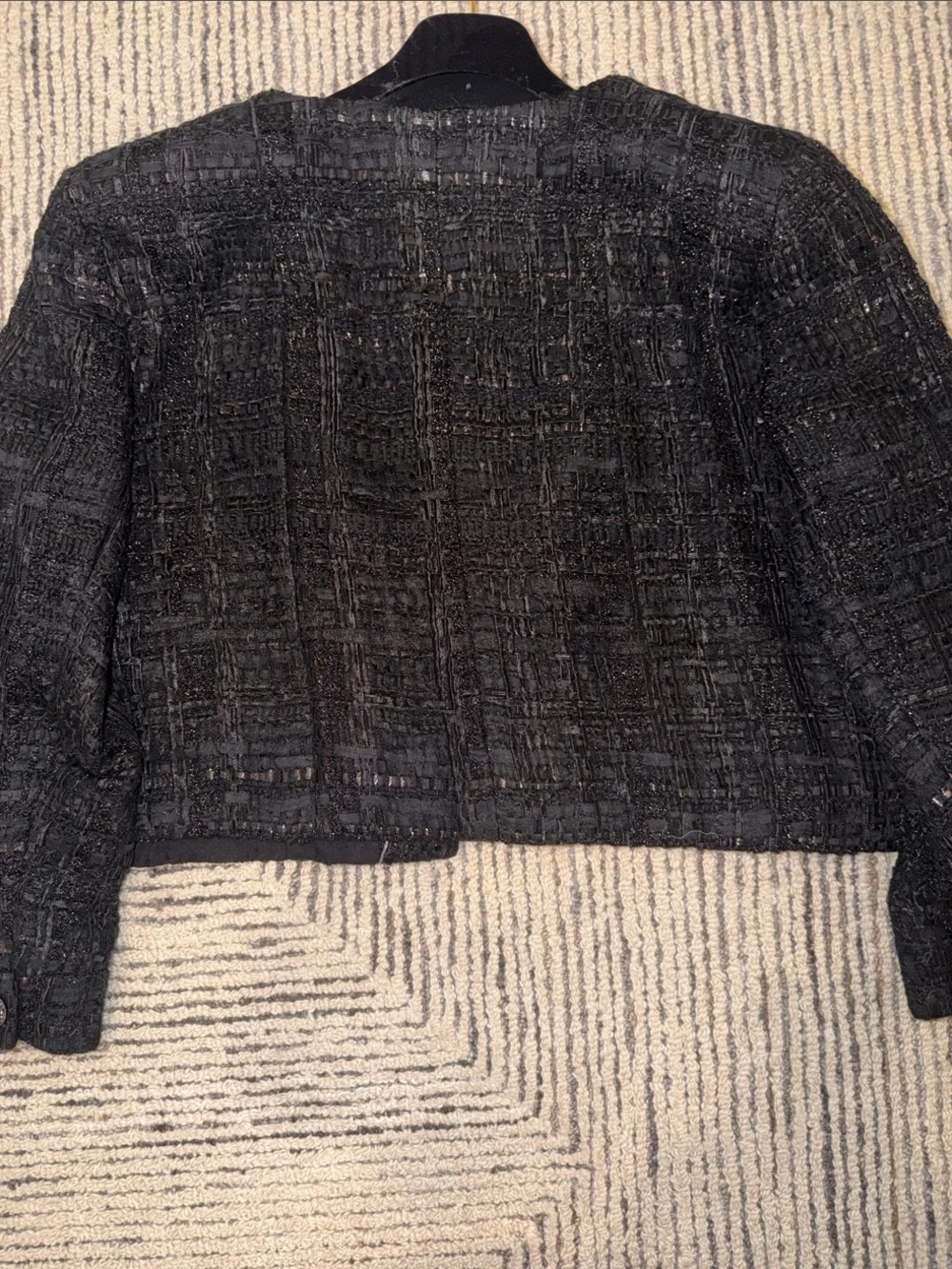 CHANEL Black Tweed Boxy Jacket with Signature Buttons